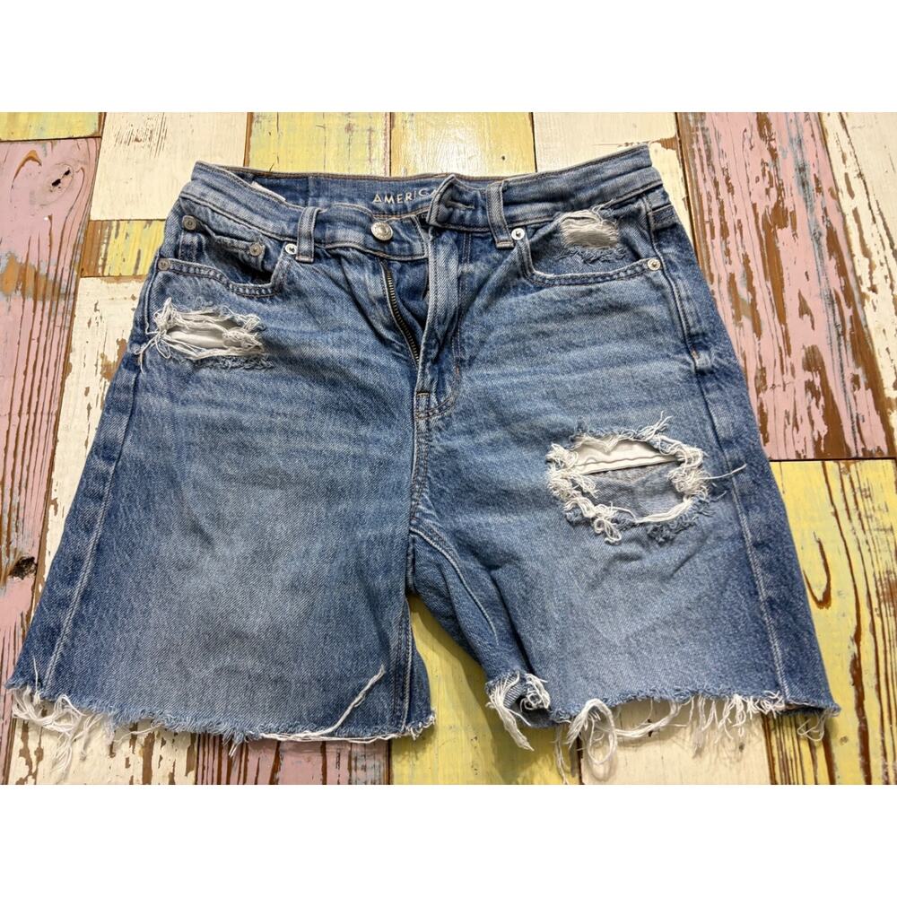 American Eagle Cut off Jean shorts women size 0 Super High raise Baggy Straight